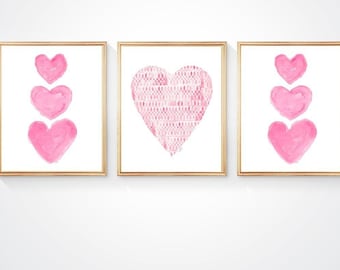 Set of 3 Pink Heart Watercolor Prints, Girls Bedroom Wall Art, Lace Pattern