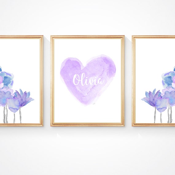 Lavender and Blue Floral Prints for Girls Bedroom, Set of 3