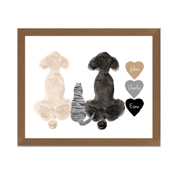 Two Poodle and Cat Artwork, 8x10, Personalized Family Print