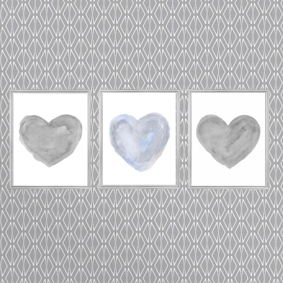 Blue and Gray Heart Set for Nursery, Set of 3 Watercolor Prints