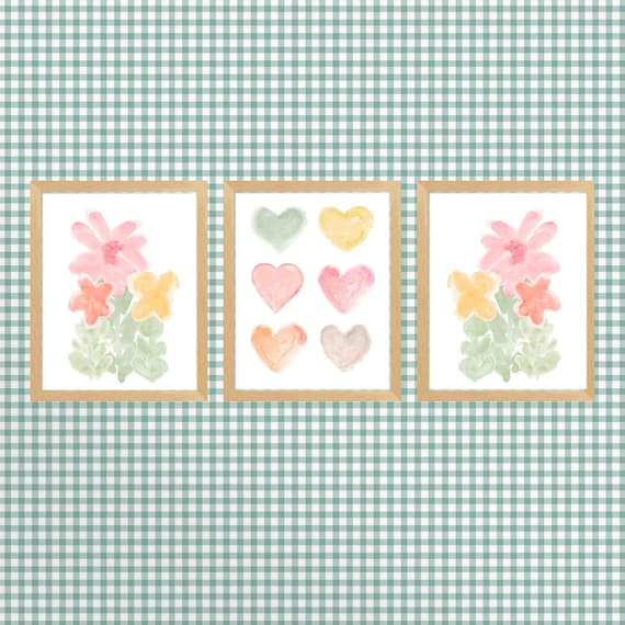 Cottage Floral Wall Decor; Set of 3 Art Prints for Girls Bedroom