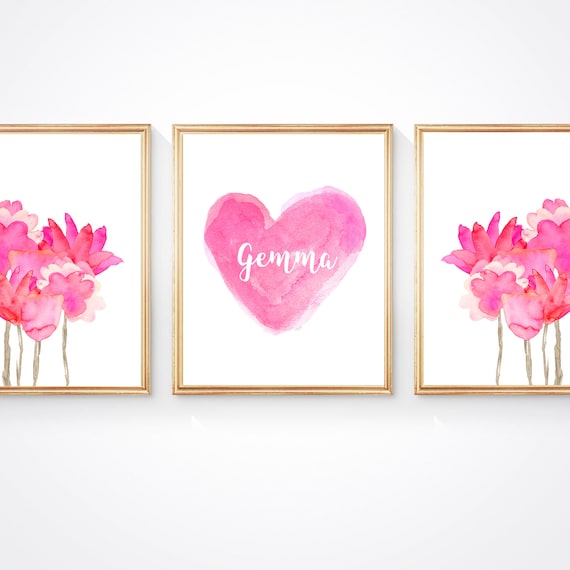 Hot Pink Flower Prints for Girls Bedroom with Personalized Heart, Set of 3-8x10