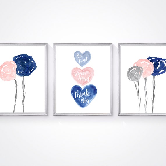 Think Big, Gray and Blush and Navy Girls Wall Art; Set of 3 Inspirational Prints