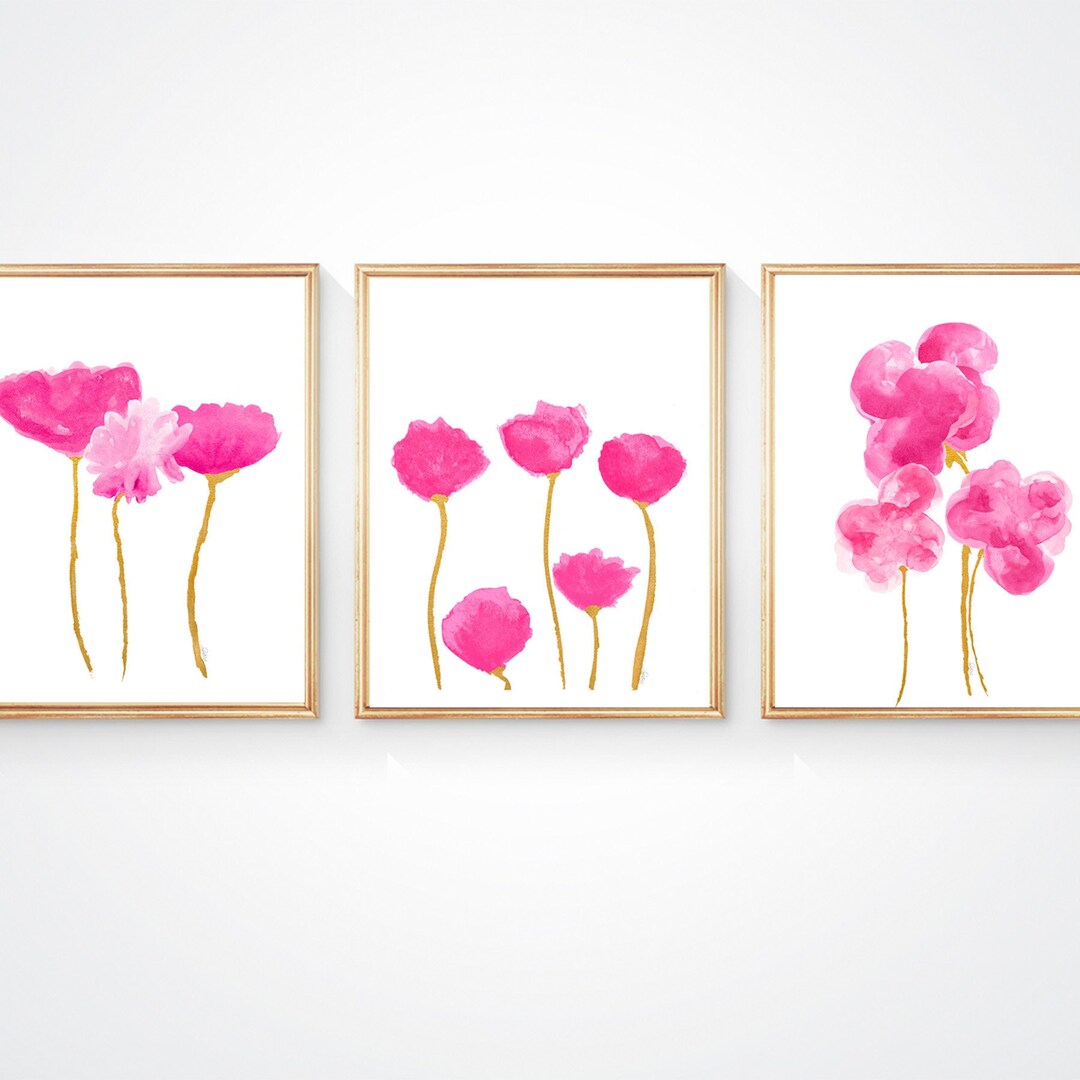 Hot Pink Flower Prints With Gold Stems, Set of 3, Dorm Wall Decor - Etsy