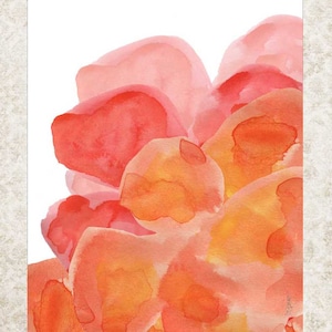 May include: Abstract watercolor painting of overlapping pink, orange, and red shapes. The shapes are layered and create a sense of depth and movement.