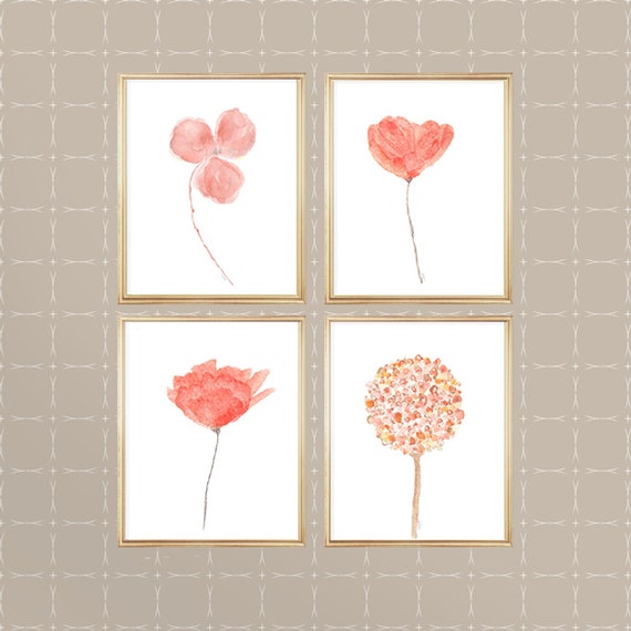 Coral Flowers Gallery Wall, Set of 4- 8x10 Watercolor Prints