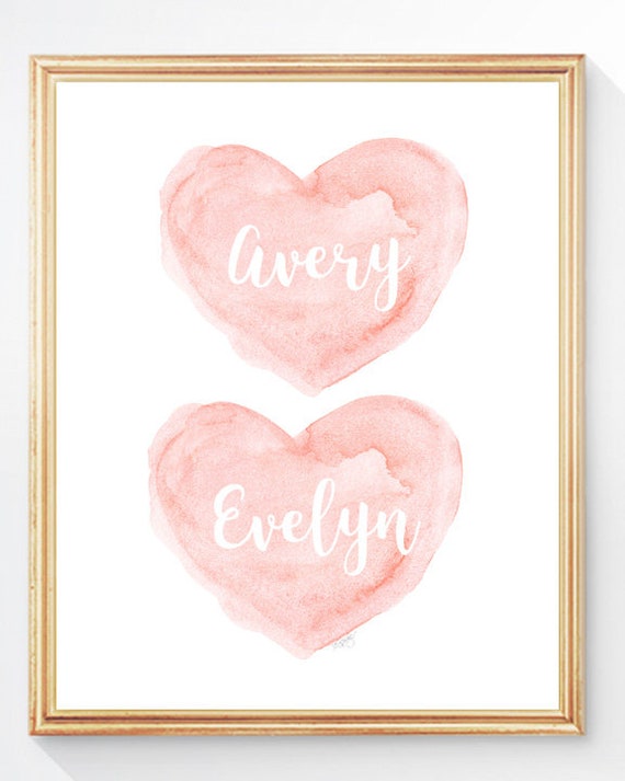 Twin Sisters Gift in Blush, Personalized Hearts Print