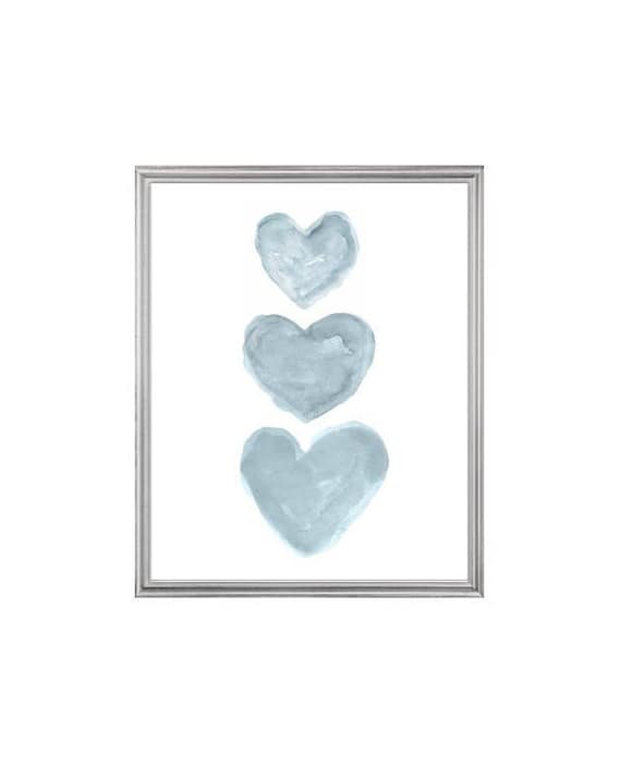 Blue Gray Nursery Decor, Watercolor Hearts Print