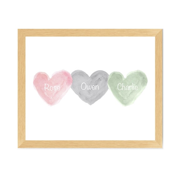 Baby Brother Sister Gift, Personalized Triple Heart Print in Rose, Sage, Gray, 8x10