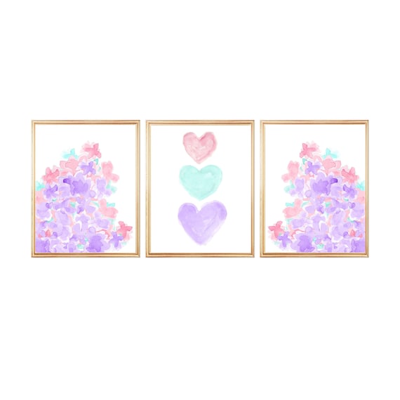 Lavender and Pink Prints, Set of 3, Heart and Flower Prints for Girls Bedroom