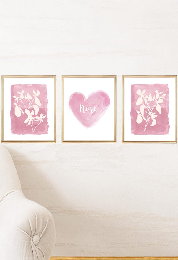 Dusty Rose Pink Wall Decor for Girls Bedroom, Set of 3 Botanical and Heart Print
