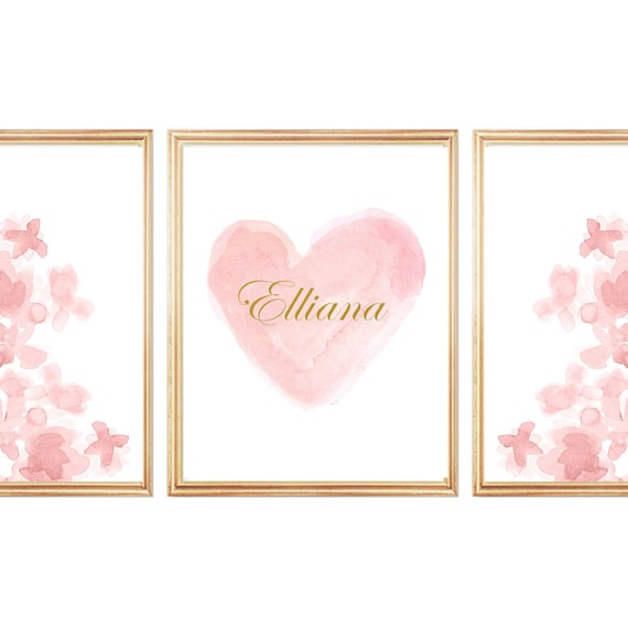 Personalized Blush and Gold Nursery Prints, Set of 3-11x14