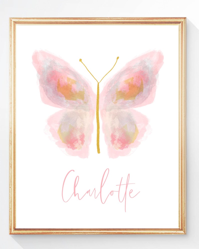 May include: A watercolor painting of a pink butterfly with gold accents. The name Charlotte is written in pink script below the butterfly.