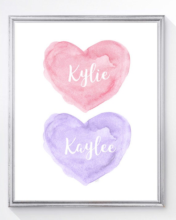 Pink and Purple Sisters Print, Personalized Hearts Art