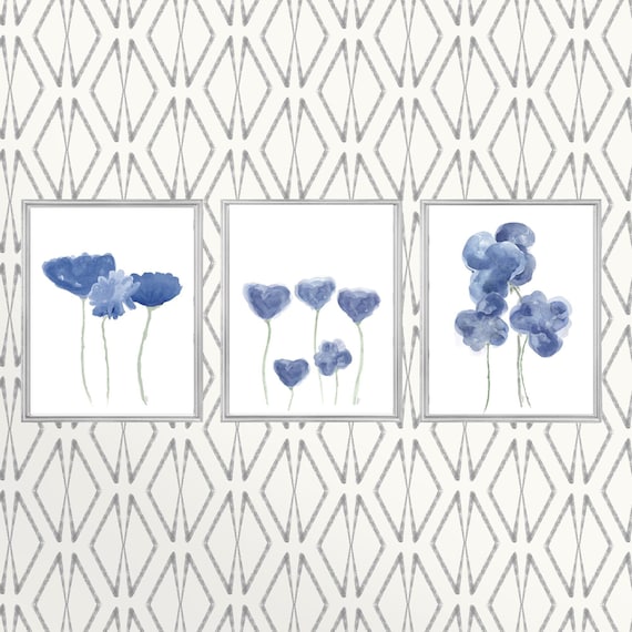 Navy Floral Wall Art, Set of 3 Contemporary Flower Prints