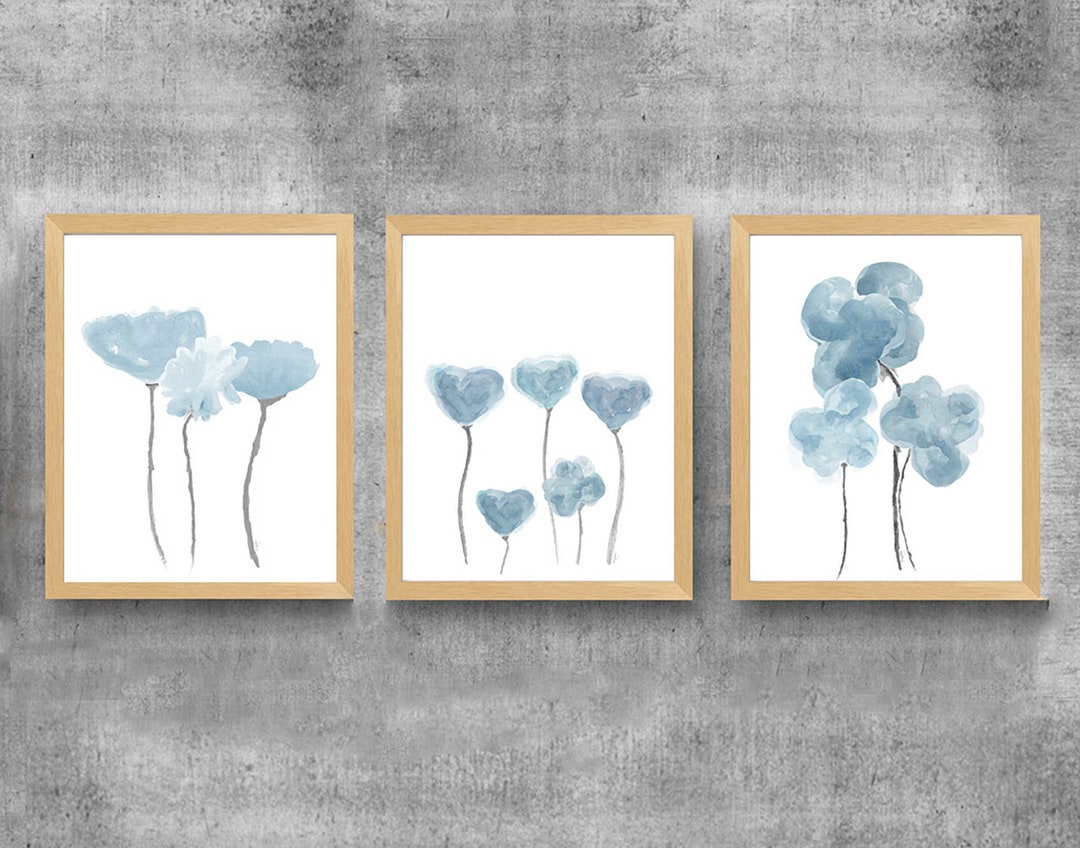 Blue Gray Wall Decor, Set of 3 Watercolor Art Prints, Blue Gray Decor