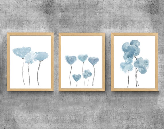 Dusty Blue Gray Wall Decor, Set of 3 Watercolor Flower Prints