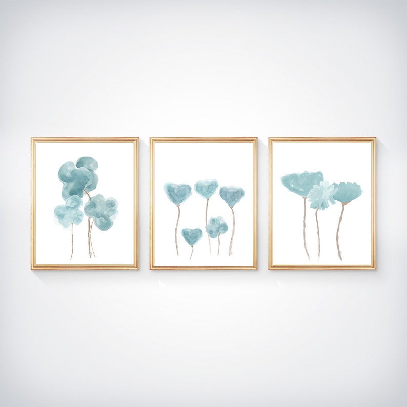 Blush Artwork, Petal Pink Wall Decor, Set of 3, Blush Flower Prints, Blush Wall Decor, Blush Pink Flower Prints, Pale Pink Artwork, Teal/Natural Stems