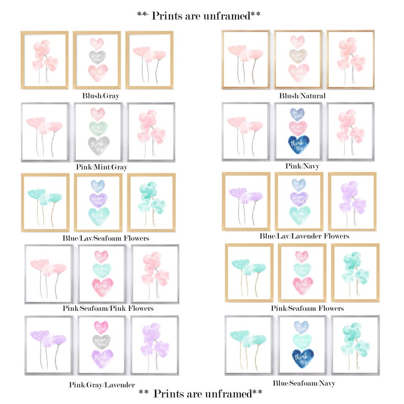 May include: Set of 10 printable watercolor floral nursery art prints with the text "Think Big" in different color combinations. The prints feature a variety of colors, including pink, blue, gray, and lavender.