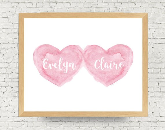 Twin Girls Gift, Personalized Heart Art Print