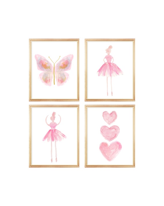 Pink Butterfly and Ballerina Gallery Wall for Girl, Print Set of 4