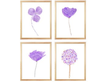 Purple Gallery Wall, Flower Set of 4- 8x10, Purple Watercolor Flowers, Purple Girl's Room Decor, Purple Flower Paintings, Purple Room Decor