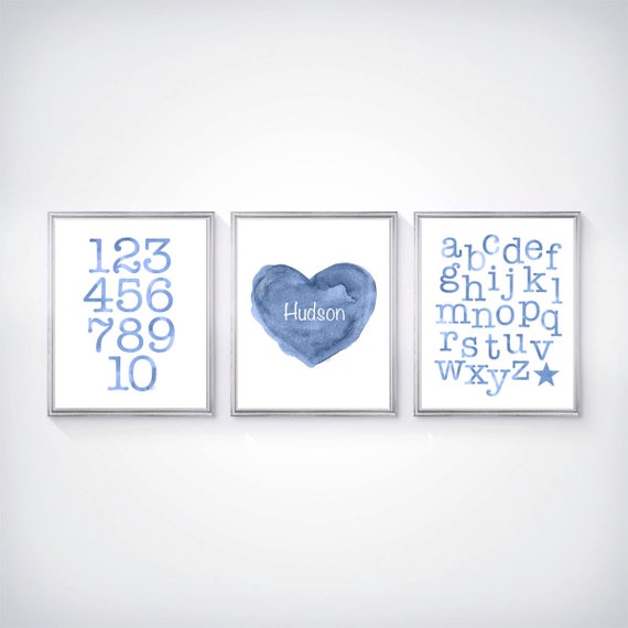 Baby Boy Nursery Prints, ABC, 123 and Personalized Heart with Name, Set of 3 - 8x10