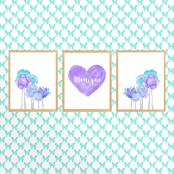 Turquoise and Lavender Flower Prints for Girls Boho Bedroom