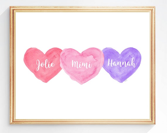 Three Sisters Gift in Pink and Purple, 8x10 Personalized Hearts Print