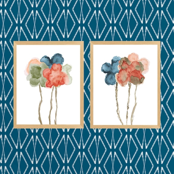 Earth Tone Wall Art; Rust and Indigo Flower Prints for Boho Bedroom