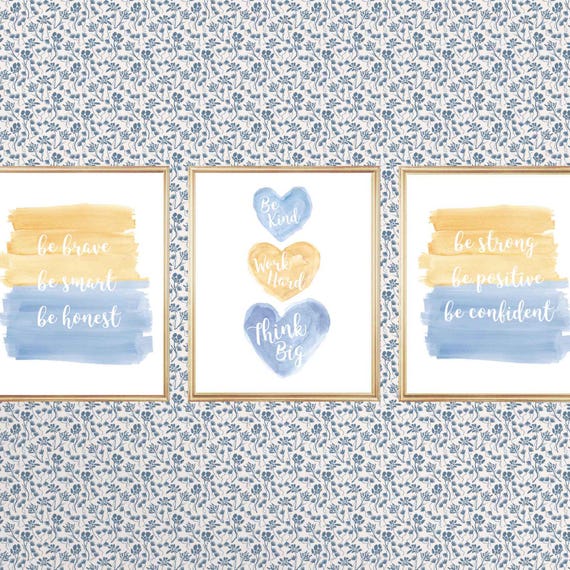 Tween Girl Art Prints, Set of 3, Inspirational Art Prints in Blue and Gold