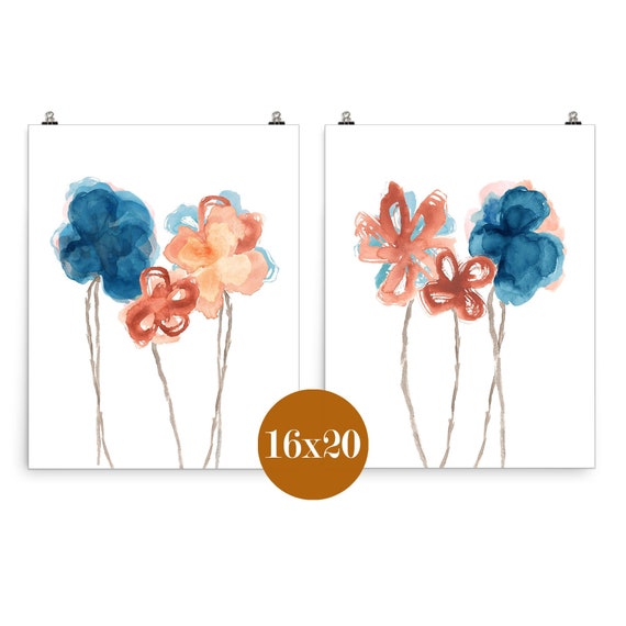 Farmhouse Floral Decor, Set of 2-16x20 Indigo and Rust Flower Prints