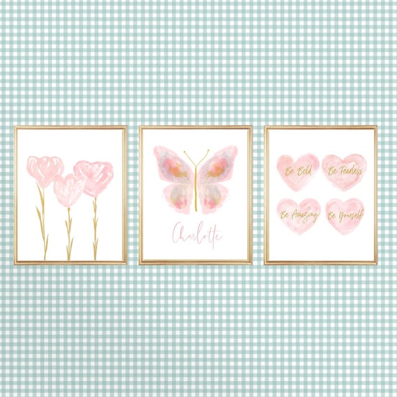 Blush Butterfly Wall Decor, Set of 3 Personalized Flowers and Heart Prints