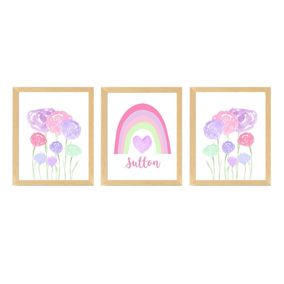 Bright Pastel Rainbow and Flowers Print Set of 3