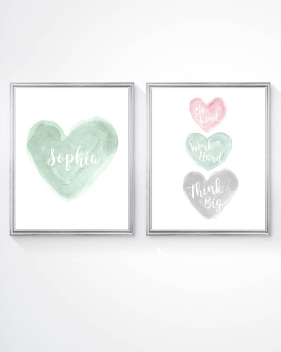 Pink and Mint and Gray Girls Bedroom Decor, Set of 2 Positive Prints