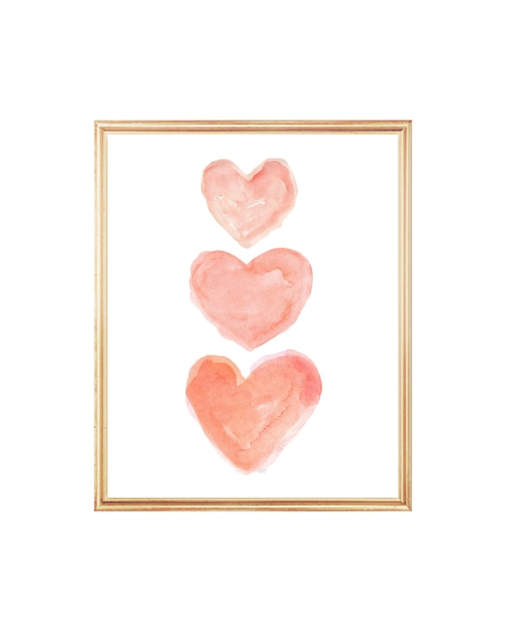 Coral Bedroom Wall  Decor; Romantic Watercolor Hearts Print