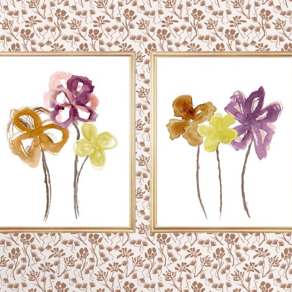 Purple and Ochre Watercolor Flowers, Set of 2 Prints