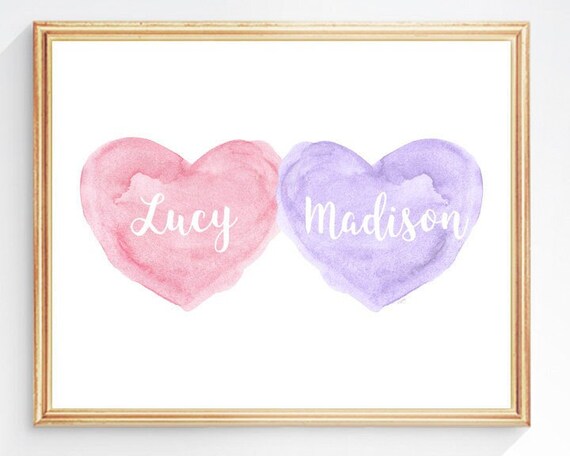 Pink and Lavender Sisters Print for Nursery, 8x10 Personalized hearts