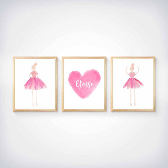 Ballerina Wall Art for Girls Room, Set of 3 Personalized Watercolor Prints