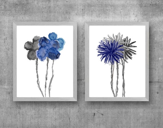 Navy and Gray Floral Artwork, Set of 2 Watercolor Prints