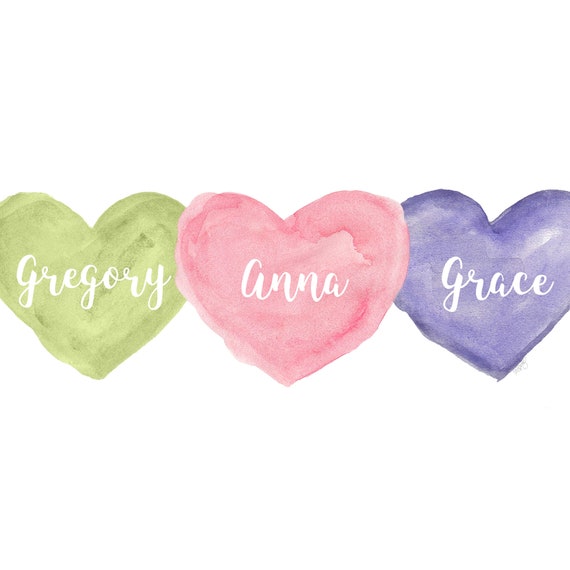 Triplets Nursery Gift,Personalized Watercolor Hearts