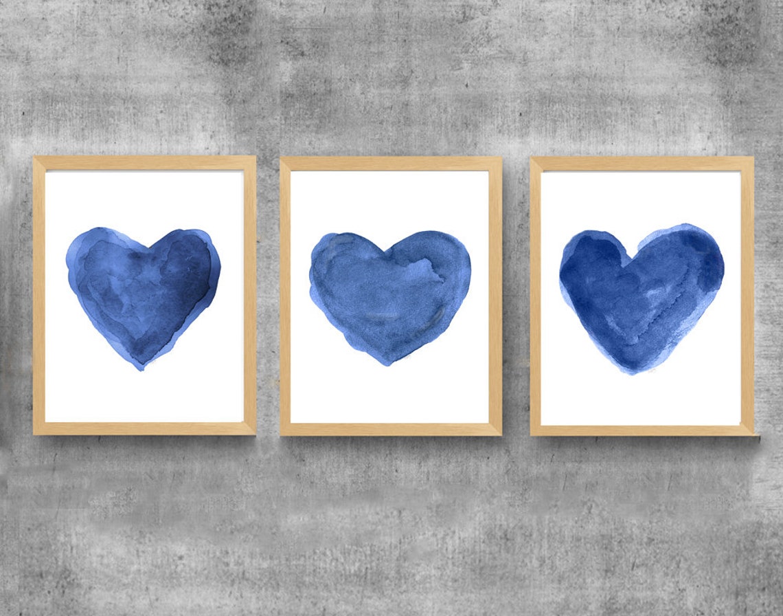 Navy Heart Prints Set of 3 Navy Nursery Art Indigo Wall Etsy
