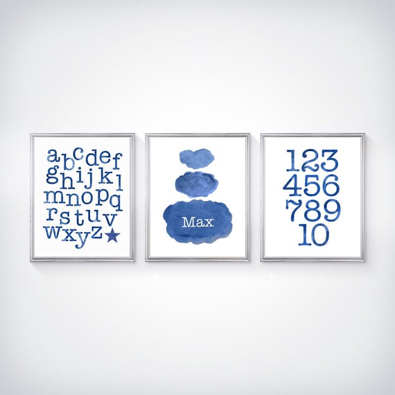 Navy ABC and Cloud Print Set, Set of 3 - 8x10 Personalized Prints