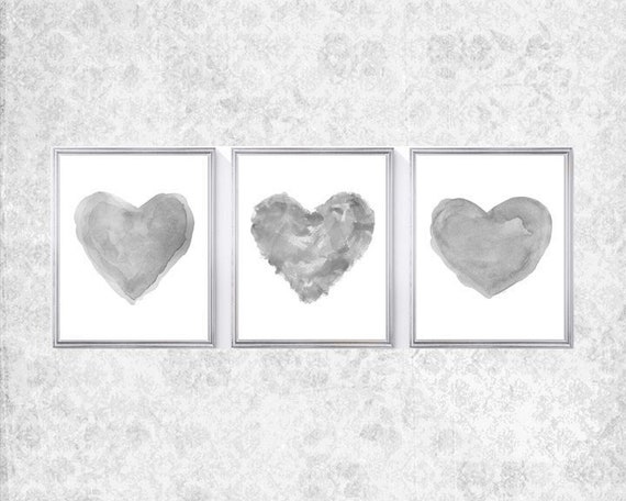 Gray Heart Prints, Set of 3 Watercolor Hearts