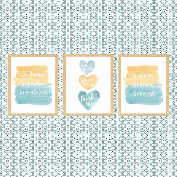Tween Girl Room Decor, Set of 3, Inspirational Art Prints in Teal and Gold
