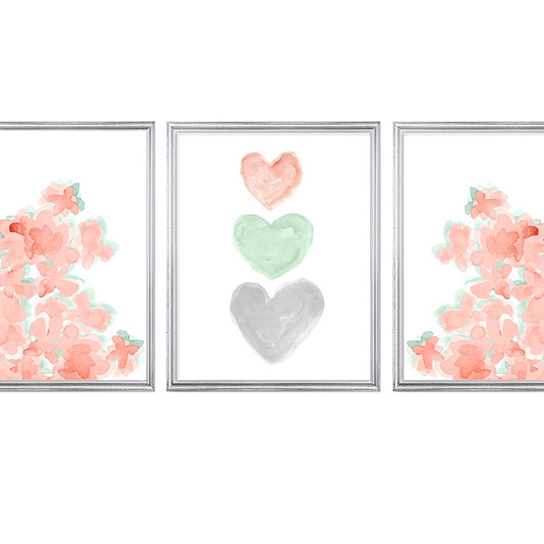 Coral and Mint Nursery Print Set, Set of 3, Peach and Mint Nursery