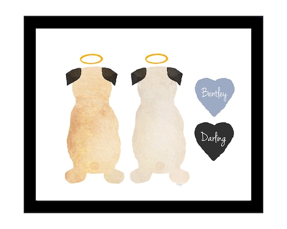 Two Pug Memorial; Personalized Artwork for Family Gift