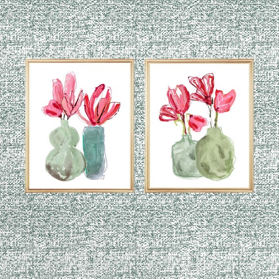 Red and Green Floral Still Life; Set of 2 Flower Prints in Vases