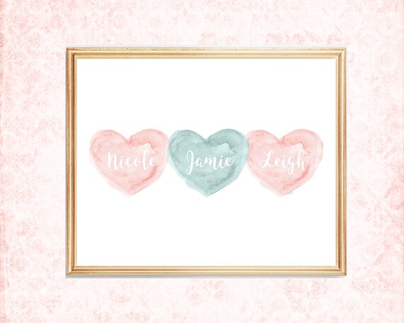 Three Sisters Print in Teal and Blush with Custom Names