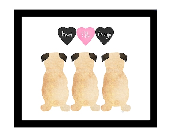 Pug Lover Gift, Pug Family Artwork, Pug Memorial, Pug Loss Tribute, Pug Loss Gift, Personalized Pug Print, Custom Pug Print, 3 Pug's Gift